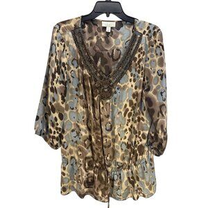 Dressbarn Plus Size 1X Embellished Sheer Animal Print Blouse Chiffon Tunic Top